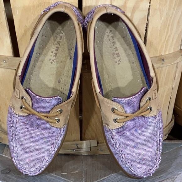 Sperry A/O 2-Eye Fleck Purple Canvas Tan Leather Loafer Boat Shoes Womens Size 7 - Picture 8 of 11